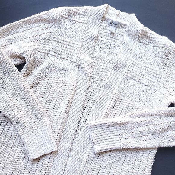 Vintage LL Bean Cardigan Sweater Womens XS Open Front Cream Oatmeal Chunky Knit - Picture 1 of 11